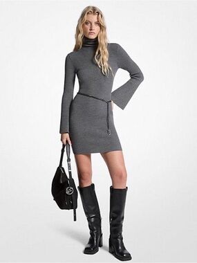 Michael Kors Gray Rib-Knit Turtleneck Mini Dress